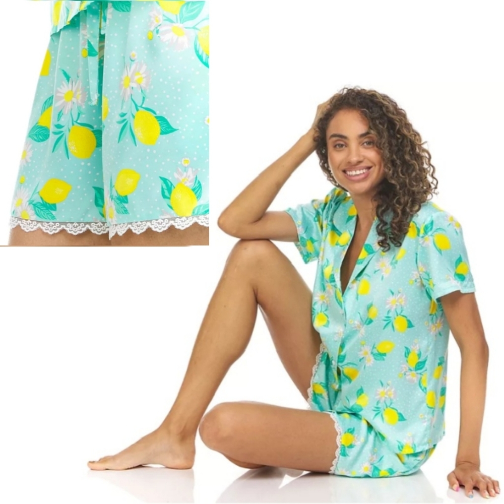 Flora by Flora Nikrooz Womens Citrus Satin Notch Collar PJ Set NWT Sz L NWT - Picture 1 of 8